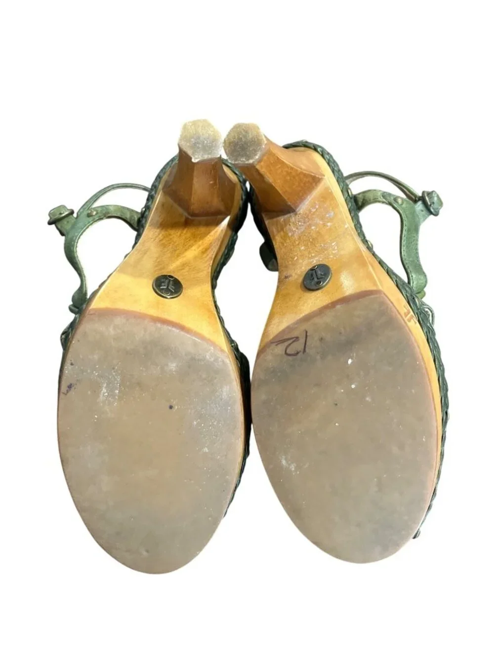 Frye Women Size 6.5 Dara Canvas Leather High Heel Sandals Wood-Heel Green Orange - Picture 6 of 10